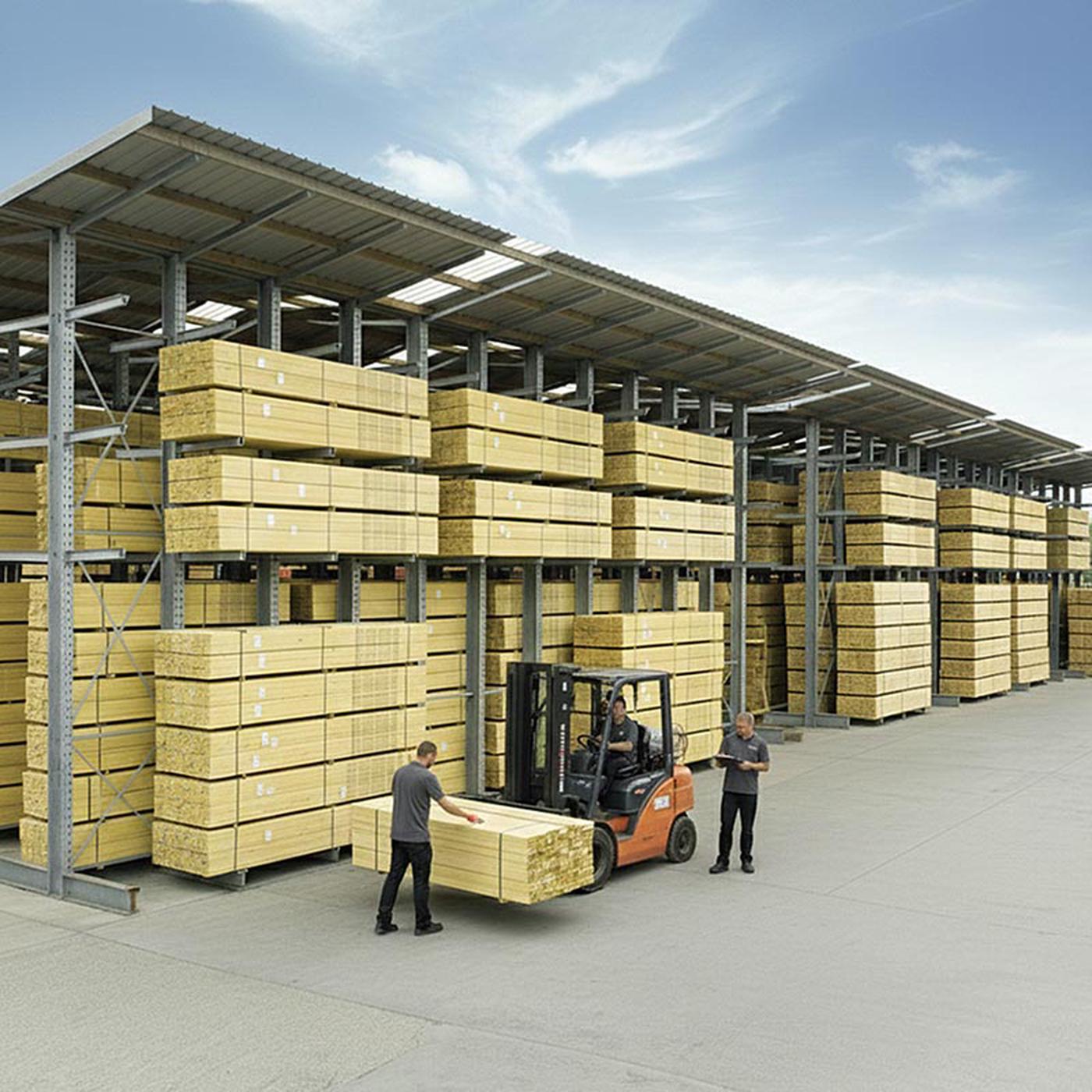 Forklift loading stacked timber at an outdoor lumber yard