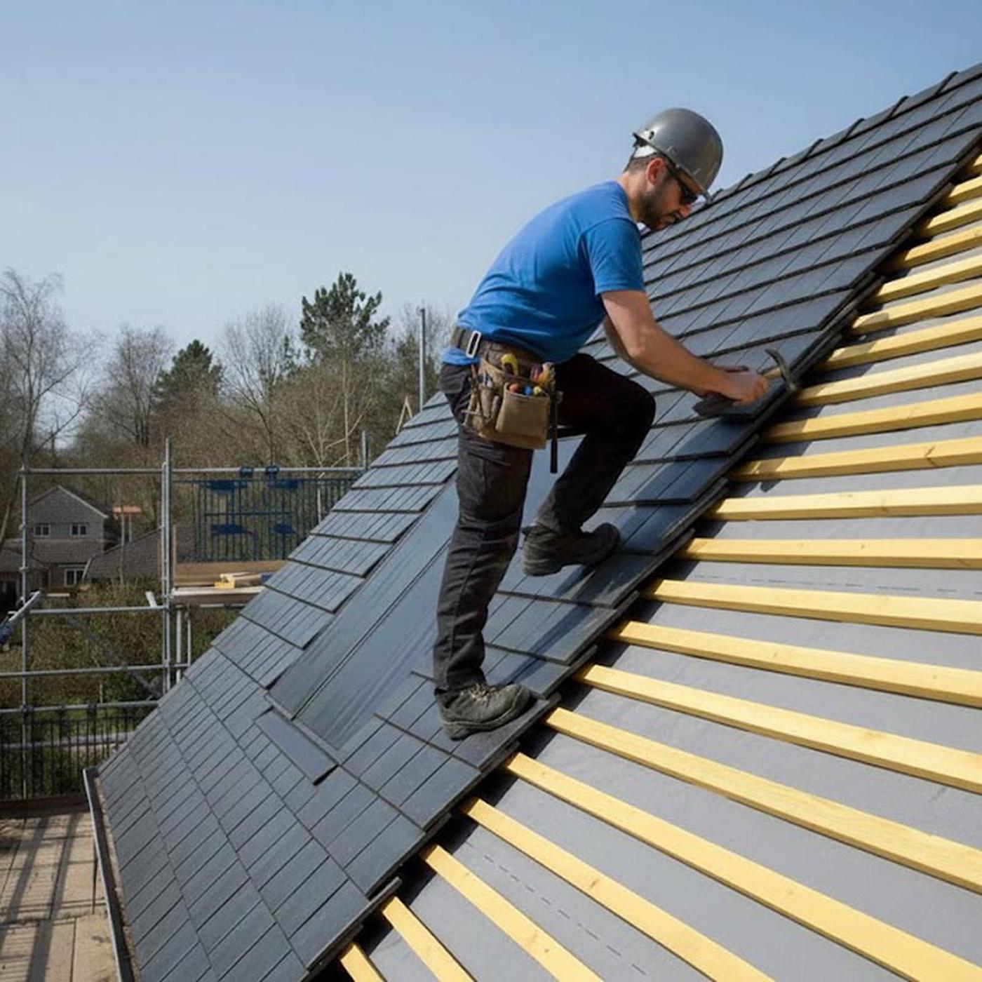 Roofer installing slate tiles on a pitched roof with wooden battens visible
