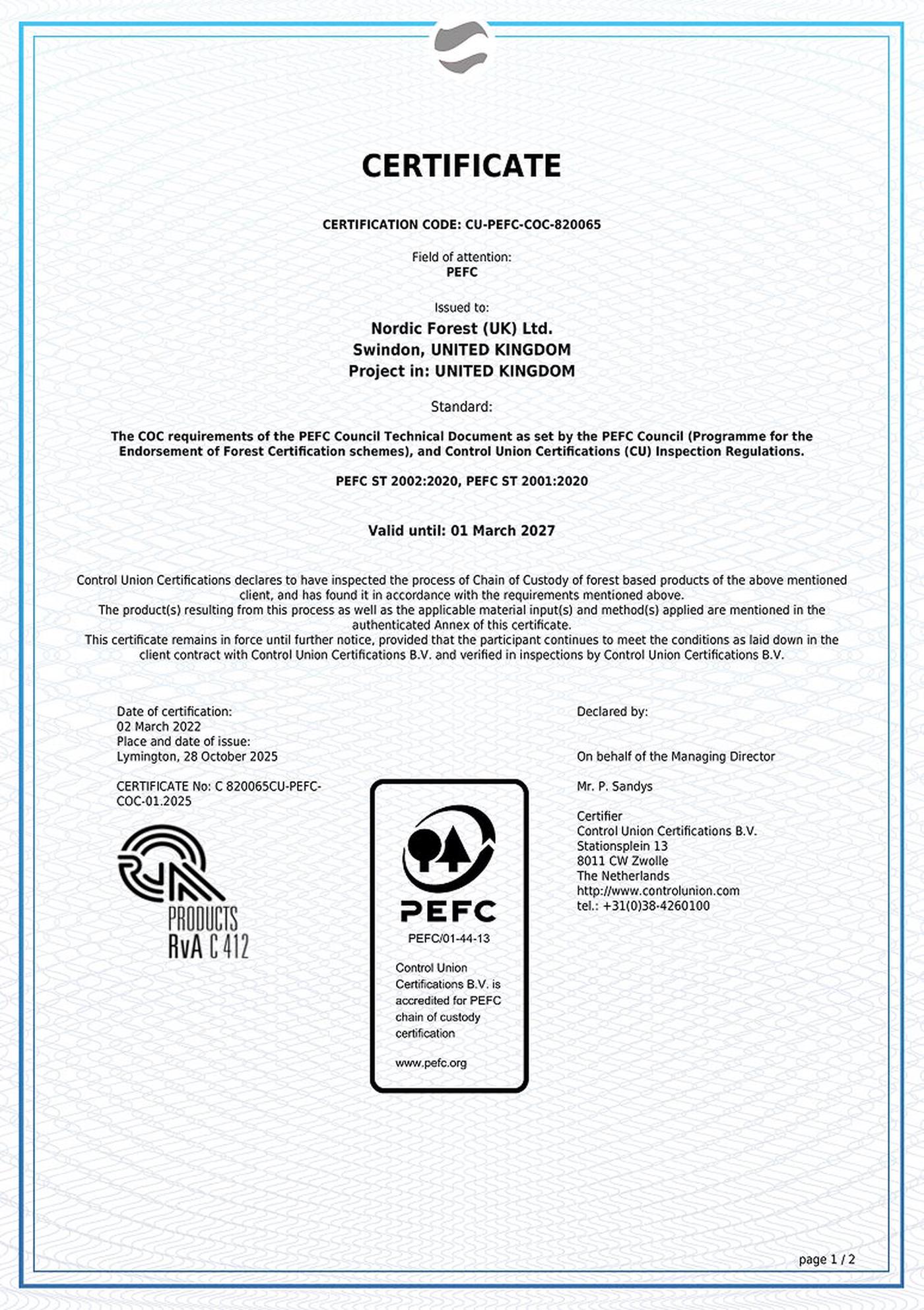 Certificate pefc